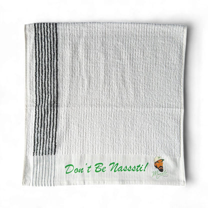 Don’t Be Nasssti! - Manolo OG Players Golf Towel - 22” x 44” with Smack Dat Shit Bracelet. 

80% cotton / 20% polyester
