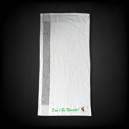 Don’t Be Nasssti! - Manolo OG Players Golf Towel - 22” x 44” with Smack Dat Shit Bracelet. 

80% cotton / 20% polyester
