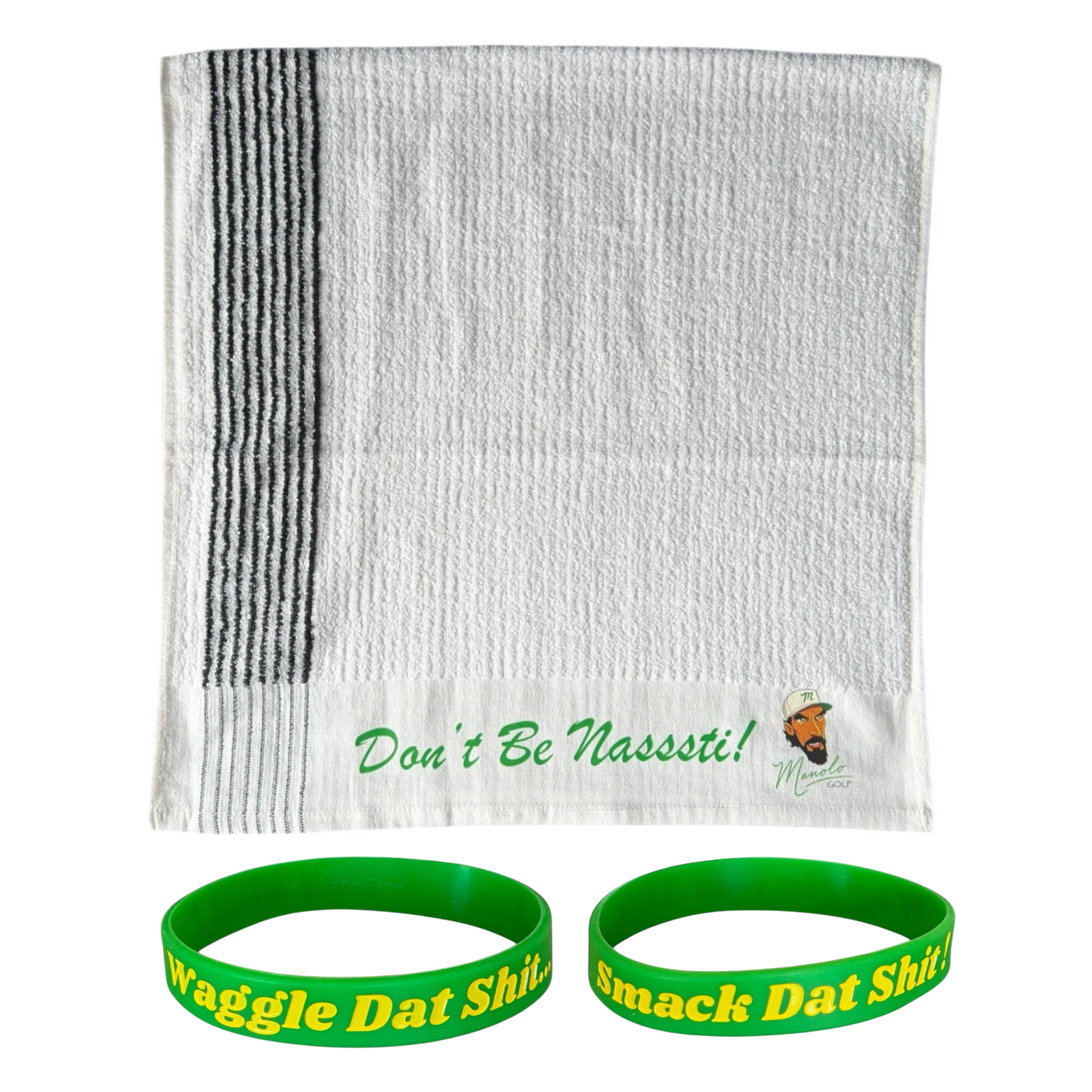 Don’t Be Nasssti! - Manolo OG Players Golf Towel - 22” x 44” with Smack Dat Shit Bracelet. 

80% cotton / 20% polyester