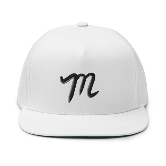 White hat with Silver & Black Manolo M Flat Bill Cap