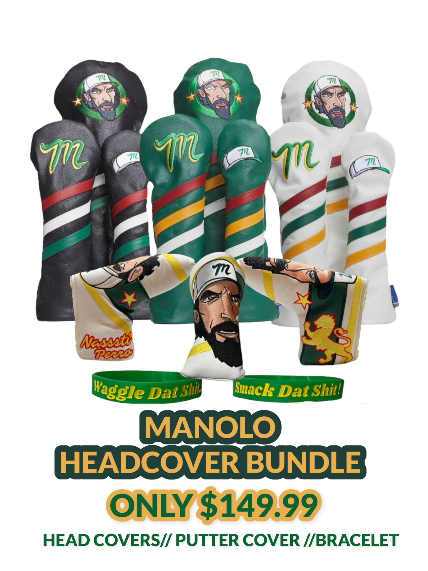 Manolo Head covers and Putter Cover Bundle with Bracelet